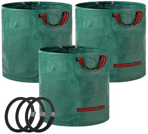 3Pcs Large Garden Bag with Handles, Heavy Duty Garden Waste Bags,Reusable Green Sacks for Collecting Grass, Leaves Debris (500L)