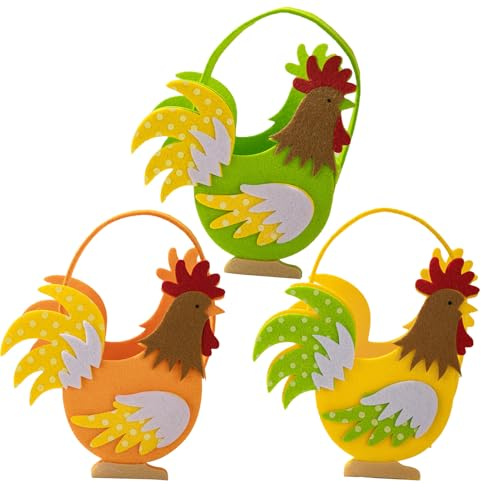 3 secchi pasquali in feltro, a forma di gallo, simpatici e divertenti portauova di gallina con manico, sacchetti regalo in feltro per bambini, per feste di bambini