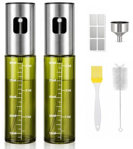 WohlOase Sprühflasche Öl 2er Set, 2x100 ml Ölsprüher Glas aus UV-Schutzglas | Olivenöl-Sprühflasche aus Glas für Speiseöl – feiner Sprühnebel, ideal als Öl-Sprühflasche für Airfryer und zum Backen.