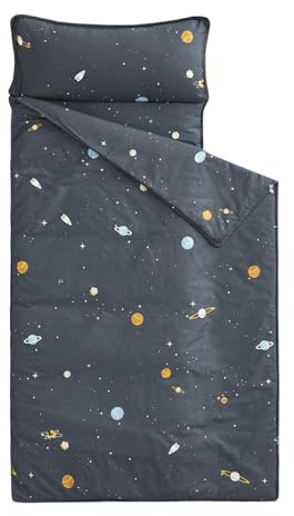 Wake In Cloud - Toddler Nap Mat with Pillow and Blanket, 100% Cotton Fabric, for Kids Boys Ages 3 Plus in Daycare Kindergarten Preschool, Roll Up Sleeping Bag, Galaxy Spaces, Gray, Standard
