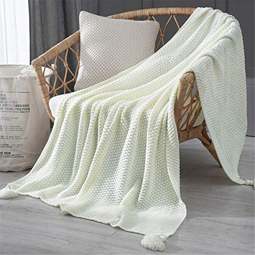 Hayisugal Boho Decke Wohndecke weich Strickdecke Sofadecke Kuscheldecke für Fernsehen oder Nap auf dem Stuhl Sofa und Bett, Weiß, 130 x 170cm