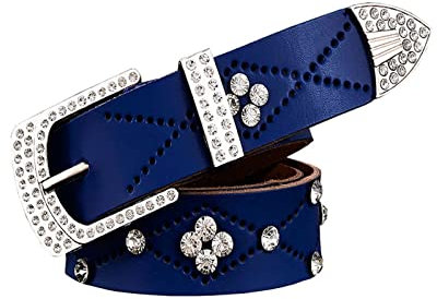 WRJAHCG Gürtel Strass,Damen Nietengürtel Im Vintage Design, Verschiedenen Nieten Und Strass, Synthetik Gürtel,Blau,115CM/45.3''