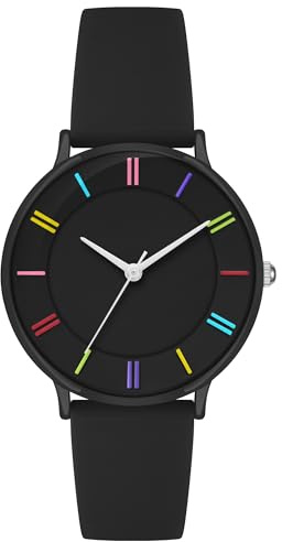 Bisley 38mm Black Watch for Women Silicone Strap Rainbow Dial Easy Reader Wrist Watch for Ladies