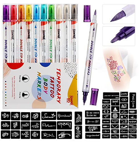 HAWINK Temporary Tattoo Markers for Skin, Tattoo Stifte Kinder Für Die Haut 10 Body Markings Hautfreundlich Dual-End Large Tattoo Stencils for Kids Adults ZYH2208001KIT
