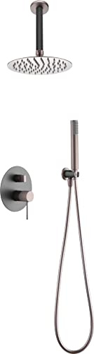 IMEX - Set doccia da incasso a soffitto, kit monocomando doccia incasso 2-vie - SERIE LINE TOP grigio opaco e champagne - GPQ038/GC