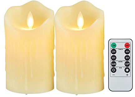 Lonkenn Velas LED, Pack de 2, Velas LED Efecto Llama, Velas con Pilas con Mando a Distancia, Velas LED Sin Llama, Velas Eléctricas con Gotas de Cera, para Decoración Bodas Navidad, Regulable-10cm