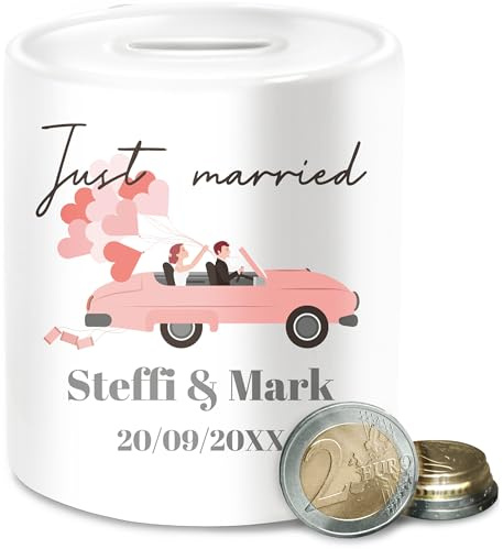 Spardose - Hochzeit - Just Married - Name Datum Hochzeitstag - Unisize - Weiß - hochzeitsgeschenk Geld hochzeitsgeschenke Fuer brautpaar geldgeschenk Wedding für sparbüchse Auto hochzeitsspardose