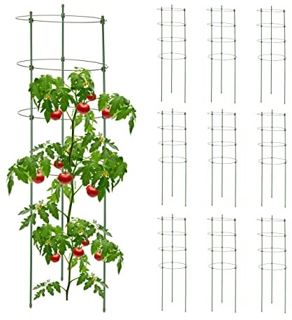 Relaxdays Set da 10 Sostegni Circolari per Pomodori, H: 90 cm, Acciaio e Plastica, Piante Rampicanti, Cetrioli, Verde