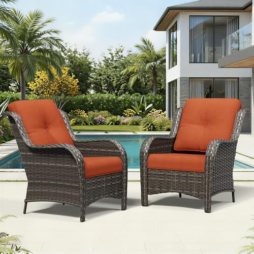 Joyside Patio Chairs Set of 2, Wicker Patio Furniture with High Back, Deep Seating, Wide Armrest, Thickened Cushions, Outdoor Rattan Furniture for Deck, Porch Use