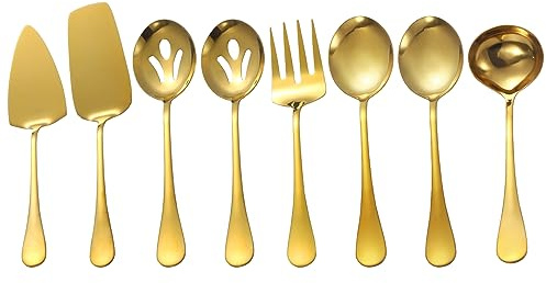 Goldfarbenes Servierutensilien, 8-teiliges Edelstahl-Servierset mit Servierlöffeln, Serviergabel, Suppenkelle, Lasagneheber, Tortenheber, poliertes Servierutensilien-Set für Buffet-Partys, Zuhause,