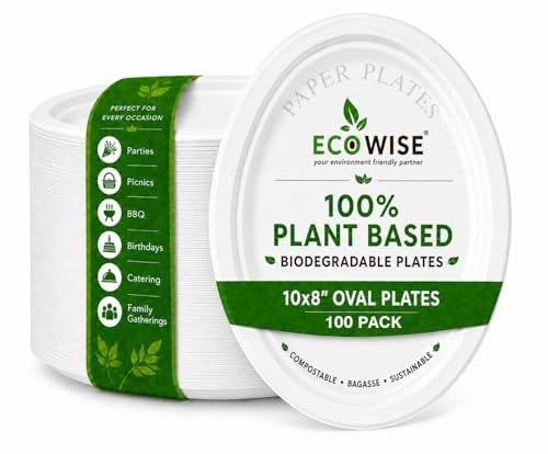 BH Disposable Oval Bagasse Sugarcane Plates 10 X 8 inch-Pack of 100