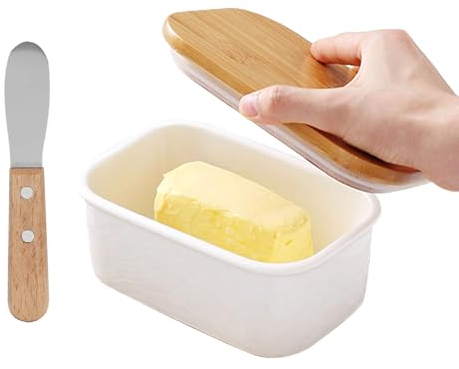 Tissting Butterdose mit Buttermesser und Holz Deckel, 14 x 10 x 6,5 cm Weiße Kunststoff Butterbox BPA-Frei Versiegelte Butterglocke Butterbehälter für Küchen Arbeitsplatte Kühlschranks