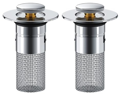 2 Pack Stainless Steel Drain Plug Sink for 34-40 mm Drain, Pop Up Drain Strainer with Hair Catcher, Universal Sink Plugs With Spare Rubber Ring for Kitchen, Bathroom, Wash Basin, Bathtubs