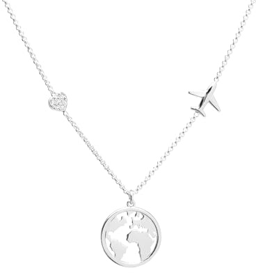 WearTravelers Halskette Weltkarte mit Flugzeug und kleinem Herz aus 925er Silber – Geschenkidee für Reisende – Produkt Made in Italy – Modell Atlanta