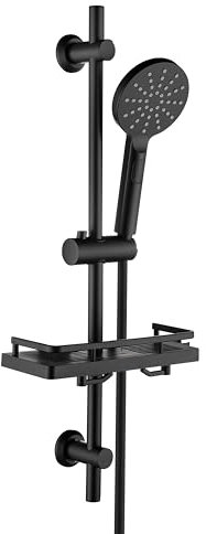 Görbach Colonna Doccia con Mensola per doccia, Barra Doccia 70cm in Acciaio inox Asta Doccia Saliscendi con Doccetta a 3 Getti, Supporto per Soffione Doccia e Tubo per Bagno, Rotonda Nero Opaco