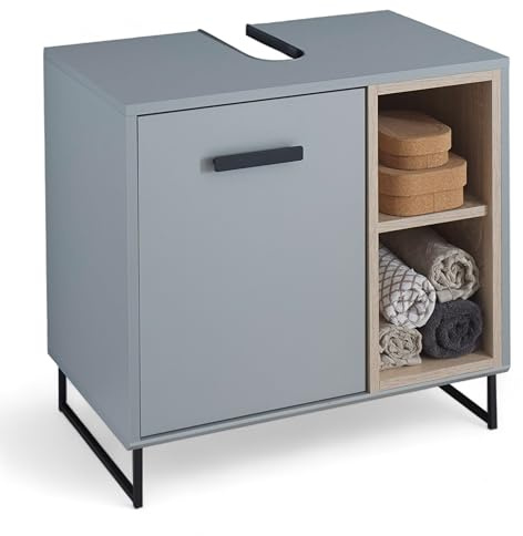 TUNIS Waschbeckenunterschrank Badezimmerschrank Grau Eiche Sonoma Optik | 65 x 60 x 38 cm (B/H/T), Badezimmer Unterschrank, 1 Tür, offenes Fach, 1 Einlegeboden, schwarze Kufenfüße, mit Stauraum