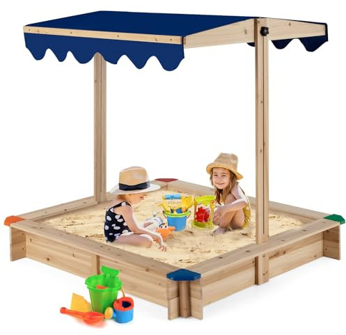 COSTWAY Bac à Sable en Bois de Sapin avec Toit Réglable & Inclinable, Bac à Sable Extérieur avec Conception sans Fond, Charge 90kg pour Enfant de 3 Ans+, 121 x 121 x 120 cm