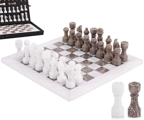 Set di scacchi in marmo per adulti, gioco da tavolo fatto a mano da 12 pollici con 32 pezzi degli scacchi, 2 regine extra e scatola portaoggetti, regalo per la casa (White & Oceanic)
