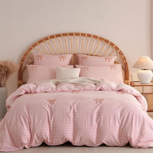 Lanqinglv Herzen Bettwäsche 155x220 cm Rosa mit Schleifen Kinder,Getuftet Exquisite Stickerei ÖKO-TEX Bettwäsche Set Mädchen Romantisch Bettbezug mit Reißverschluss und 1 Kissenbezüge 80x80cm