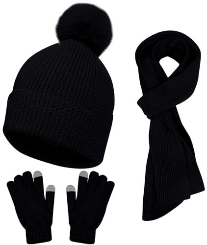Leoparden Stulpen Und Handschuhe Frauen & Männer Winter Warme Niedliche Wolle Hut Schal Handschuhe Drei Stücke Winter Schnee Strickmütze Bildschirm Fäustlinge Schals Sets Warm Winter (Black, One Size)