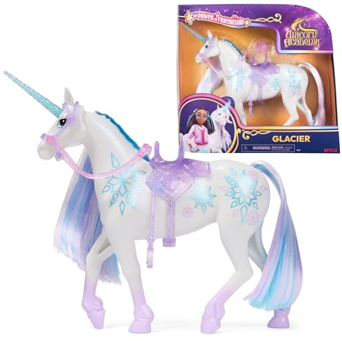 Unicorn Academy Einhorn Glacier - 28 cm groß, Original-Einhorn von Layla zur Netflix-Serie, mit echter Mähne und Schweif, abnehmbarem Zaumzeug und Sattel sowie Bürste, für Kinder ab 4 Jahren