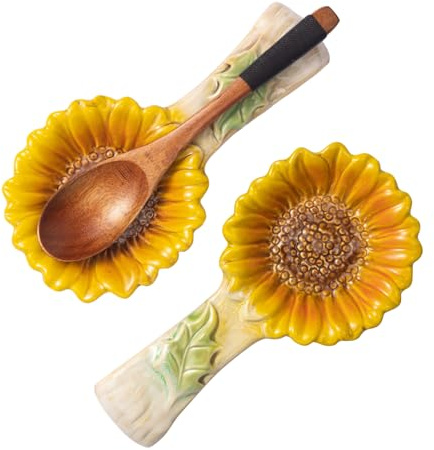 2 Pack Spoon Rest for Stove Top, Sunflower Ceramic Spoon Holder for Kitchen Counter Cooking Utensil Ladle Spatula Holder Cute Spoon Rest Sunflower Kitchen Decor Items House Warming Birthday Gift