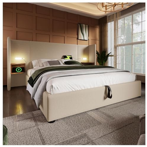 Polsterbett Doppelbett 160×200cm mit Nachttisch,Leselampe und USB Type-C Ladefunktion,Bettanlage Stauraumbett Bettgestell mit Lattenrost aus Massivholz und Metall,Beige,Leinen(Ohne Matratze)
