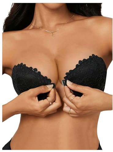 GORGLITTER Women's Strapless Push Up Front Fastening Bra Underwire High Support Scalloped Cross Back Lace Bras Black 36B