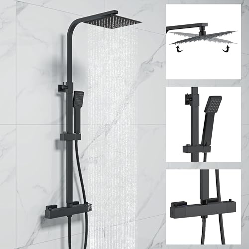 Simple Bathrooms Thermostatic Shower System, Square Thermostatic 38℃ Shower Mixer Set with Rainfall Shower Head, Handheld Shower, Riser Rail, Adjustable Height Anti Scald Matte Black Shower Set