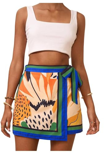 Milumia Women's Floral Knot Side Wrap Skirt High Waist Contrast Binding A Line Mini Skirts Multicolor Medium