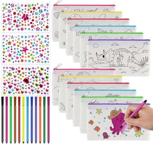 Anstore 12 Federmäppchen zum Bemalen für Kinder mit 12 Buntstifte, 3 Blatt Glitzersteine Selbstklebend, Stoffbeutel zum Bemalen mit Reißverschluss für Kindergeburtstag für Kosmetiktasche Basteln
