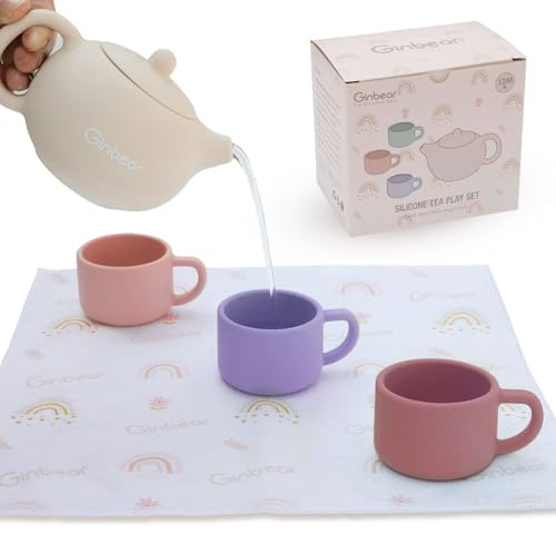 Ginbear Silicone Play Kitchen Tea Set with Washable Cloth Napkin for Little Girl Toddlers 1-3, Non-Toxic Unbreakable Baby Bath Toys for Children 12 Months+ (Ivory, Pink, Mauve, Lilac)
