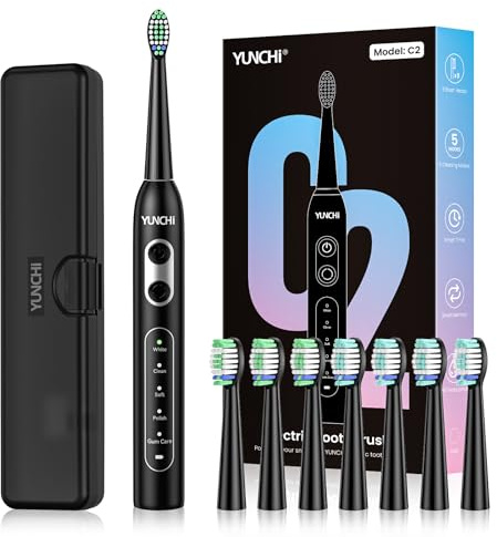 YUNCHI C2 Elektrische Zahnbürste mit 40000 VPM, Schallzahnbürste für Erwachsene, USB-C Ladung, 55 Tage Akkulaufzeit, 5 Putzmodi, 2-Min-Timer, 8 Bürstenköpfen, Reiseetui, Schwarz