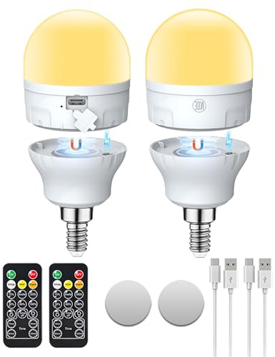 Bombilla Recargable USB-C Con Mando A Distancia, Bombillas LED AC100-240V E14 7W, Bombilla Recargable Con Control Táctil Regulable de 3 Colores, Luz De Emergencia de 2000mAh Con Magnético, Pack de 2