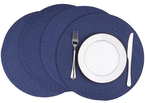 Round Braided Placemats Set of 4 Washable Easy to Clean Place Mats for Dining Tables Woven Non-Slip Heat Resistant Table Mats 15 Inch (Dark Blue)