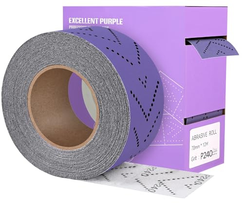MOGRQAP Rouleau de Papier Abrasif Grain 240, 70 mm x 12 m Rouleau de Feuille de Ponçage Multi-Trous Prédécoupé Papier de Verre Céramique Violet pour Le Bois, Le Métal, Le Ponçage Automobile