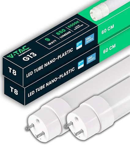 V-TAC 2x Tubes LED 60 CM - T8 G13-7,5W - 850 Lumens - Chip Samsung - Tubes pour Plafond, Mur, Garage, Magasin - Tube forme T8 - Remplacement des Néons - Lumière Blanc Froid 6500K