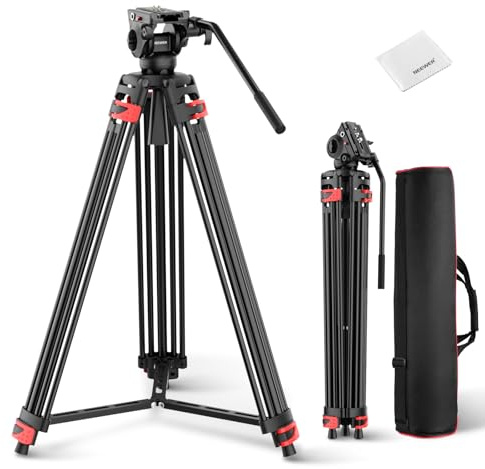 NEEWER Basics 74 Videostativ mit gedämpftem Fluidkopf, robustem Metallstativ für DSLR Kameras Camcorder und Video, QR Platte kompatibel mit Manfrotto 501, max. Last 17,6lb, Reinigungstuch, TP37