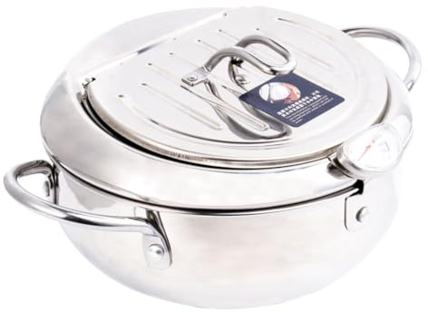 BUGUUYO Pentola per Friggere Inox con Termometro e Scolapasta Mini Padella Compatibile Induzione Cottura Controllata con Coperchio Filtro Olio Resistente e Versatile per Cucina Domestica