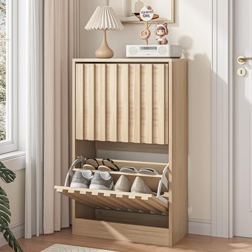 UEV Slim Wooden Shoe Storage Cabinet with 2 Flip Drawers, Modern Narrow Shoe Storage Unit with Ventilated Design, Space-Saving Entryway Shoe Rack in Natural Finish, Natural Wood