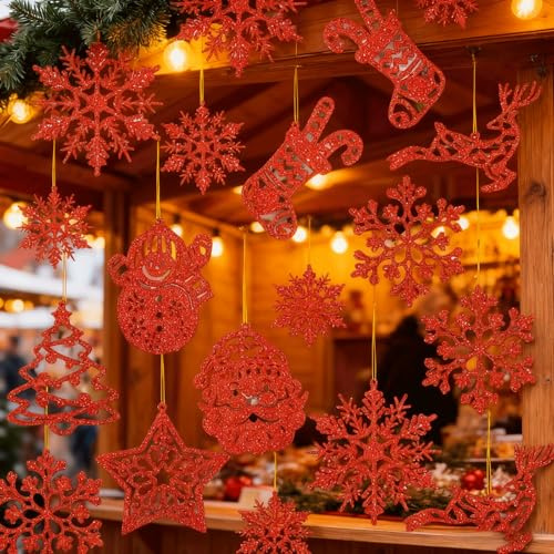 VIKY® 42 Stück Weihnachtsbaum Deko Rot - Schneeflocken Anhänger mit Weihnachtsmann, Rentier, Stern, Socke, Schneemann - 4 Verschiedene Schneeflocken Designs - Weihnachtsbaumschmuck Christbaumschmuck