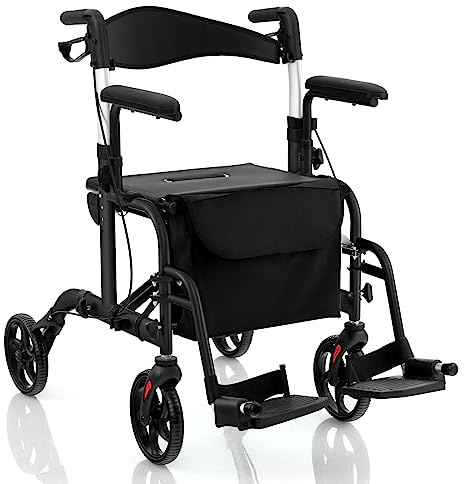 COSTWAY 2 en 1 Andador Plegable para ancianos, caminadores para mayores con Asiento y Respaldo Reversible, Silla de Ruedas con Manija Ajustable, Freno de Mano, Portaparaguas y Bolsa (negro)