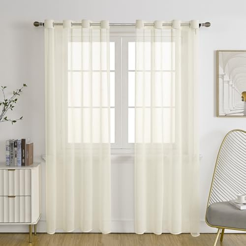 Beige Voile Curtains for Living Room – Premium Anti-Wrinkle Eyelet Net Curtains, Semi-Sheer Privacy Panels for Bedroom, Bay Window & Patio Doors, Light Filtering Textured Drapes (2 Panels)-52x96inch