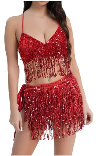 MaNMaNing Karneval Kostüm Damen mit Pailletten Performance Kleid und Bauchtanz BH sowie Fransen Hüftkette Set für Bühnen Shows und Festliche Parties ideal für Karneval Events