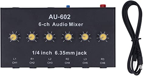 6 Channel Audio Mixer Compact Stereo Mixer with Mono Stereo Switching 6 in 2 Out Amplifier Mixer for Home Theaters Sound Systems Aluminum Alloy Shell
