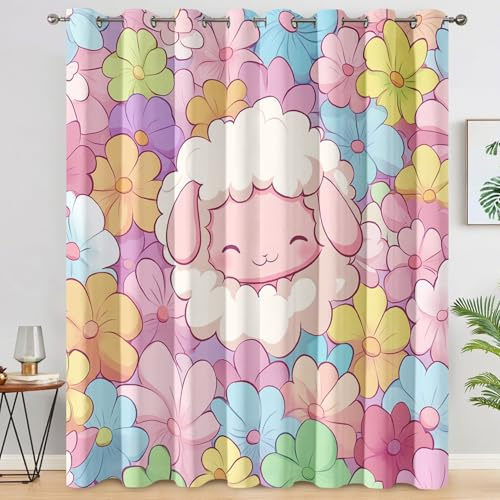 Genérico Cortinas Salon Oveja de Dibujos Animados, Cortinas Dormitorio Animal Lindo Flor Decoracion Habitacion Ventana, Termicas Aislantes, con Anillas, 140x300 2 Piezas (An X Al) L-C&57