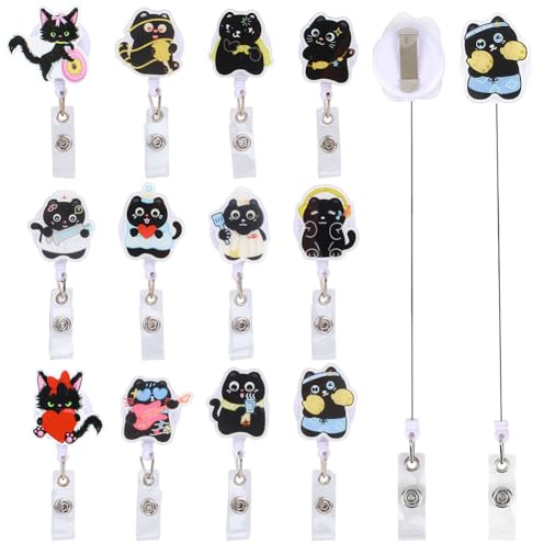 CRAFTYMELODY 12 Stück Acryl Ausweishalter Mit Schwarzer Katze 12 Ausführungen Einziehbarer Aus Kunststoff Niedliche Tiere