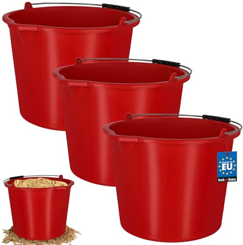 KOTARBAU Set of 3 construction buckets, 16 L, mortar bucket, plastic bucket, cleaning bucket with spout and handle, red, tool bucket, round, construction bucket