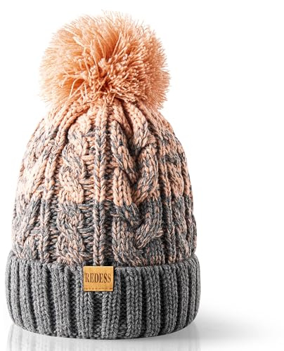 REDESS Damen Winter Bommel Beanie Mütze mit warmem Fleece gefüttert, Dicker Slouchy Snow Knit Skull Ski Cap