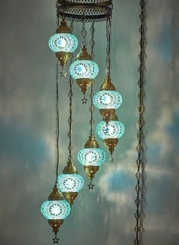 Lampadario a mosaico turco marocchino a 7 globi plug-in, lampada da soffitto in stile Tiffany, illuminazione bohémienne fatta a mano, cavo e catena 4,6 m